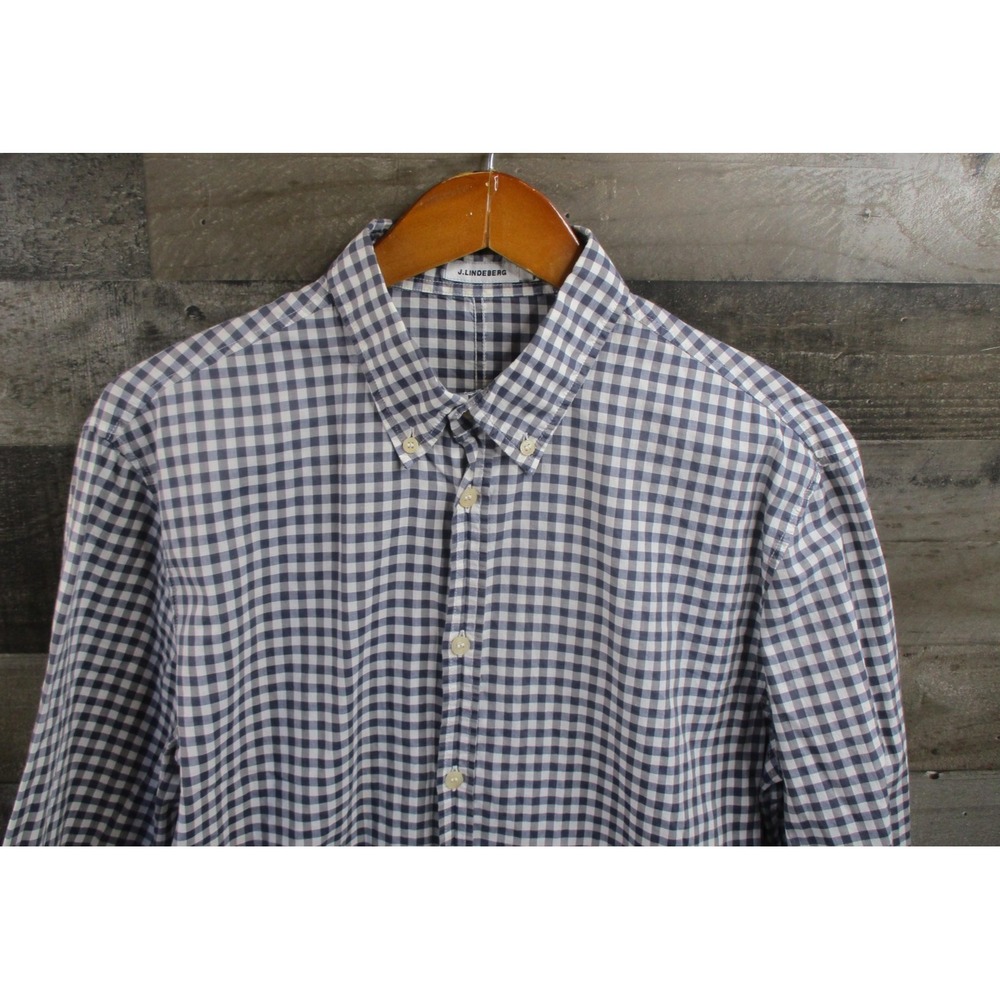 J.Lindeberg Shirt Mens Large Blue White Gingham Button Down Collar Long Sleeve